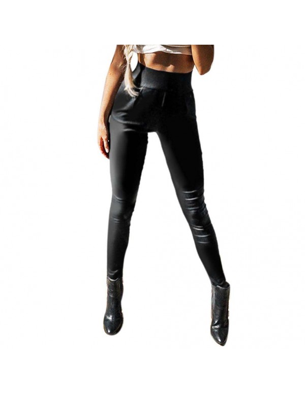 PU Leather Pants Sexy Zipper High Waist Slim Solid Pencil Pants (S