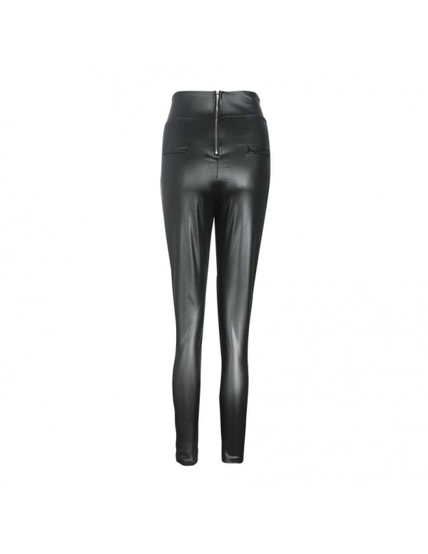 PU Leather Pants Sexy Zipper High Waist Slim Solid Pencil Pants (S