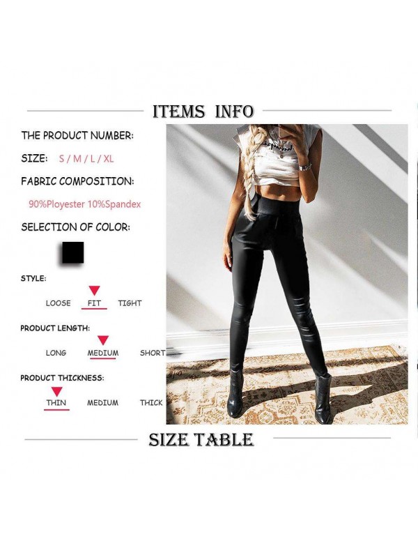 PU Leather Pants Sexy Zipper High Waist Slim Solid Pencil Pants (S