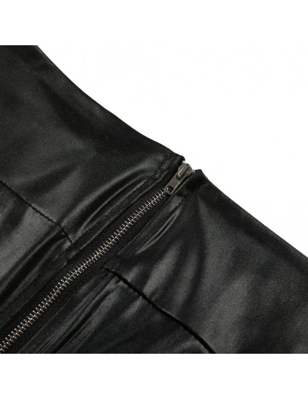 PU Leather Pants Sexy Zipper High Waist Slim Solid Pencil Pants (S